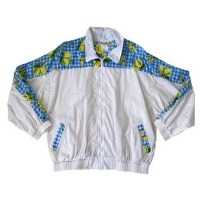Vintage 90s Blue and White Gingham Windbreaker with Fruit Print